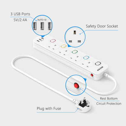 Mscien 3M Extension Lead with USB Slots, 4 Way 3 USB Extension Socket with Individual Switches Mountable Overload Protection Power Strips with 3Metre Extension cable 3250W