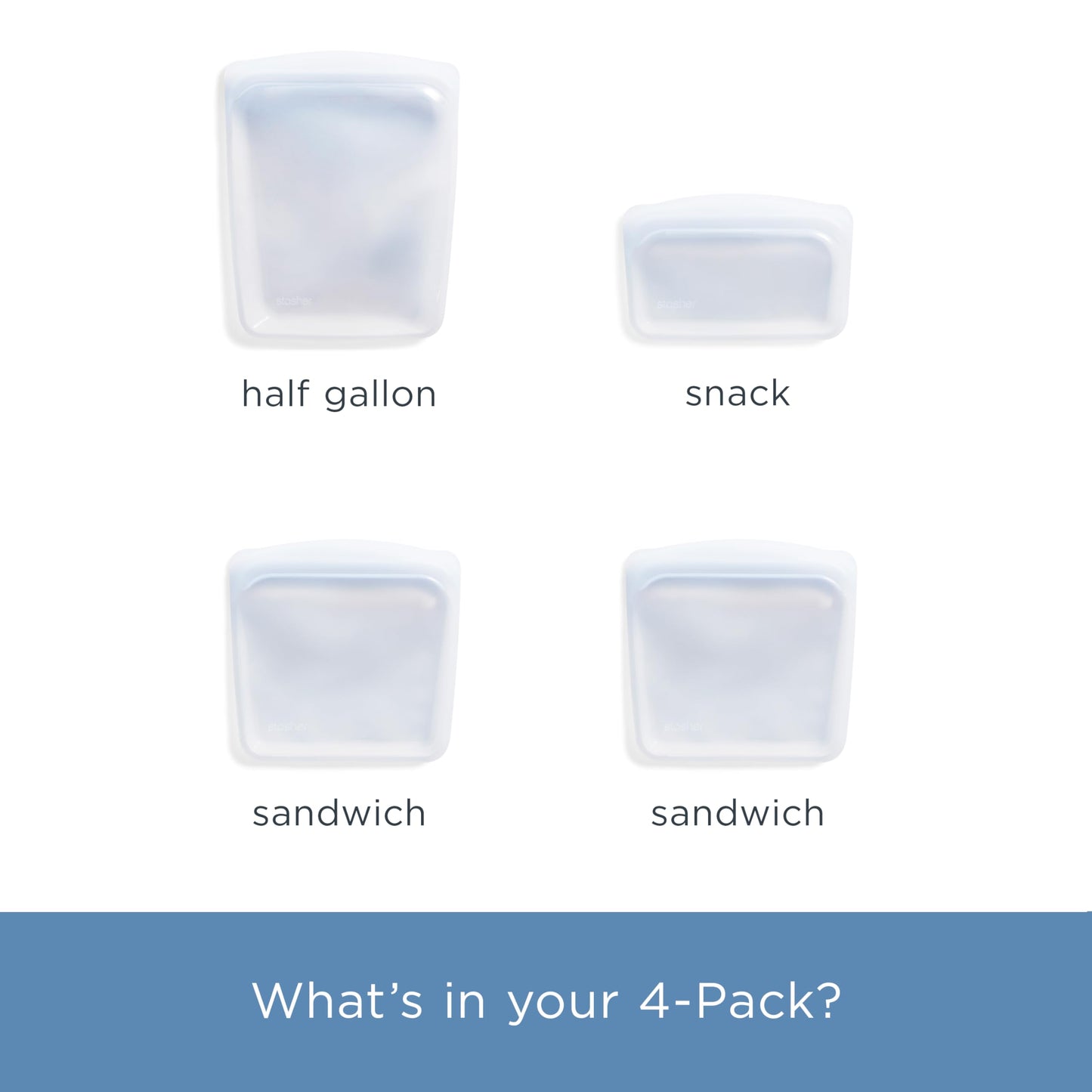 Stasher Premium Silicone Reusable Food Storage Bags, 4-Pack, Clear, Multi-Use Food Storage Bags, Lunch Bag, Travel Containers, BPA Free, Leak-free, Dishwasher-Safe, Eco-friendly