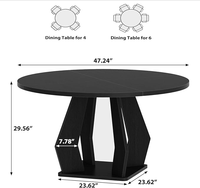 IBF Black Round Dining Table for 4-6, 47 Inch Kitchen Table