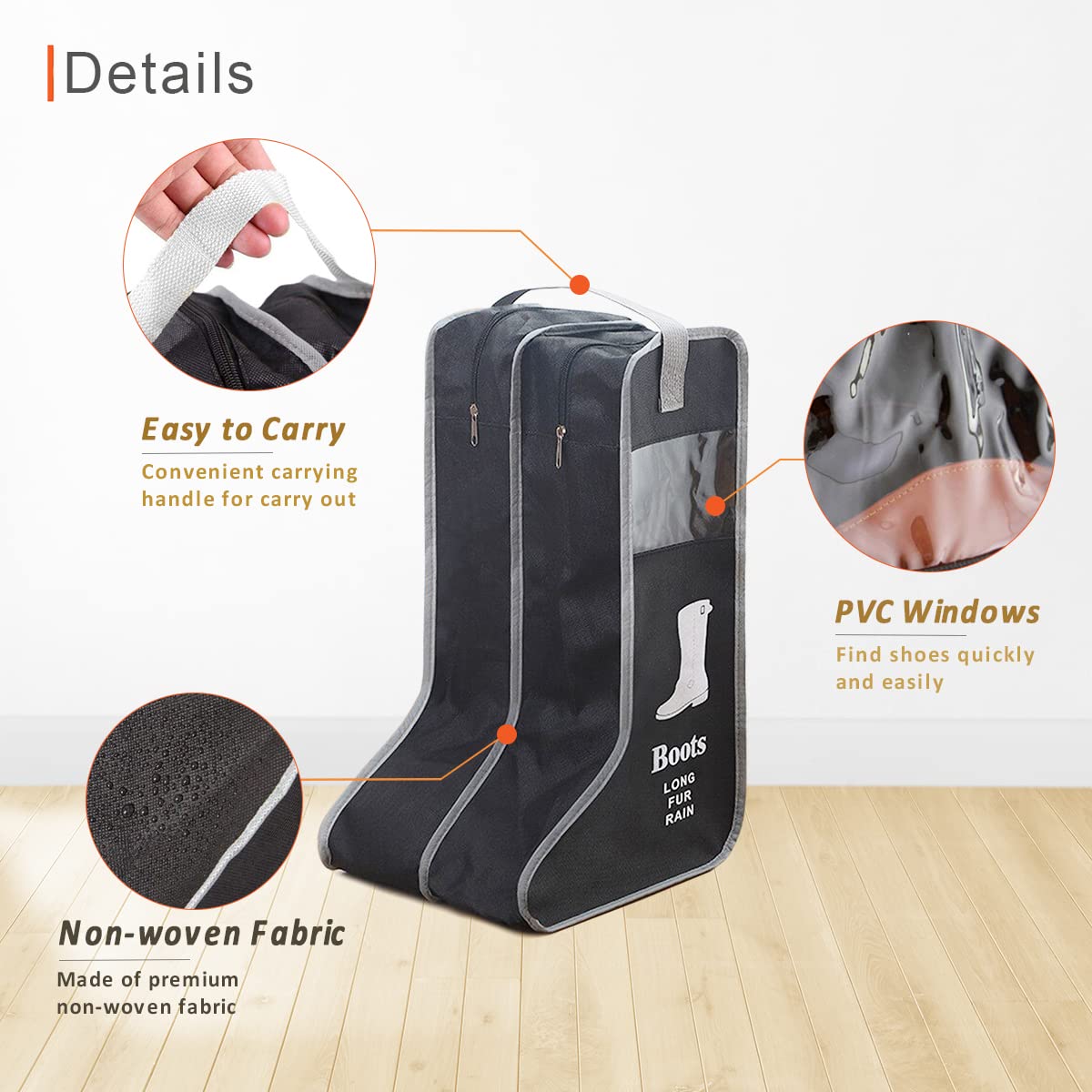KOVOSCH 2 Pack Portable Boots Storage Bag, Black Shoe Bags for Storage and Travel Dust Proof Travel Shoe Bags for Packing (Large)