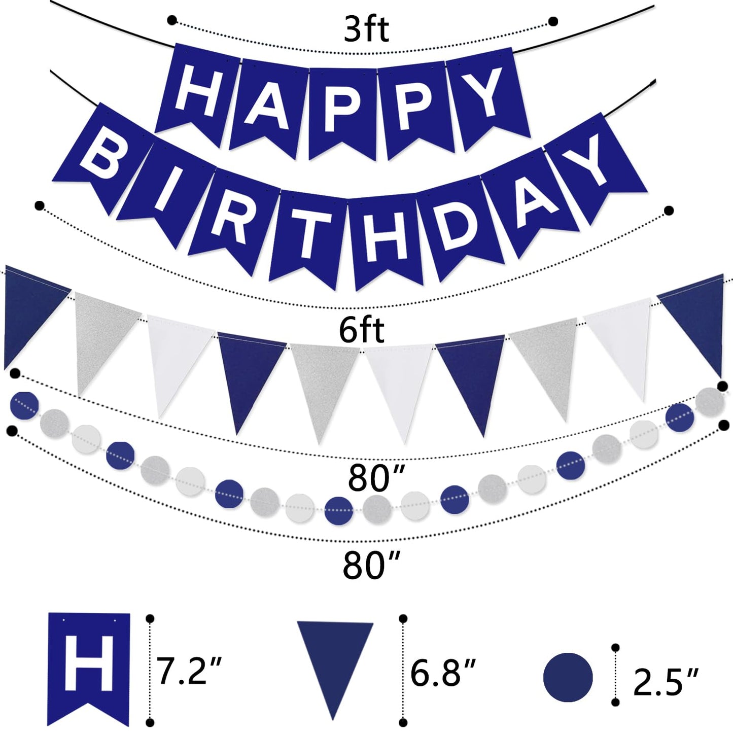 Navy Blue White Silver Birthday Party Decorations for Boys Men, Pre-Strung Navy Blue Birthday Banner with Honeycomb Balls, Stars Hanging Swirl Streamers, Circle Dots Garland, Triangle Pennant