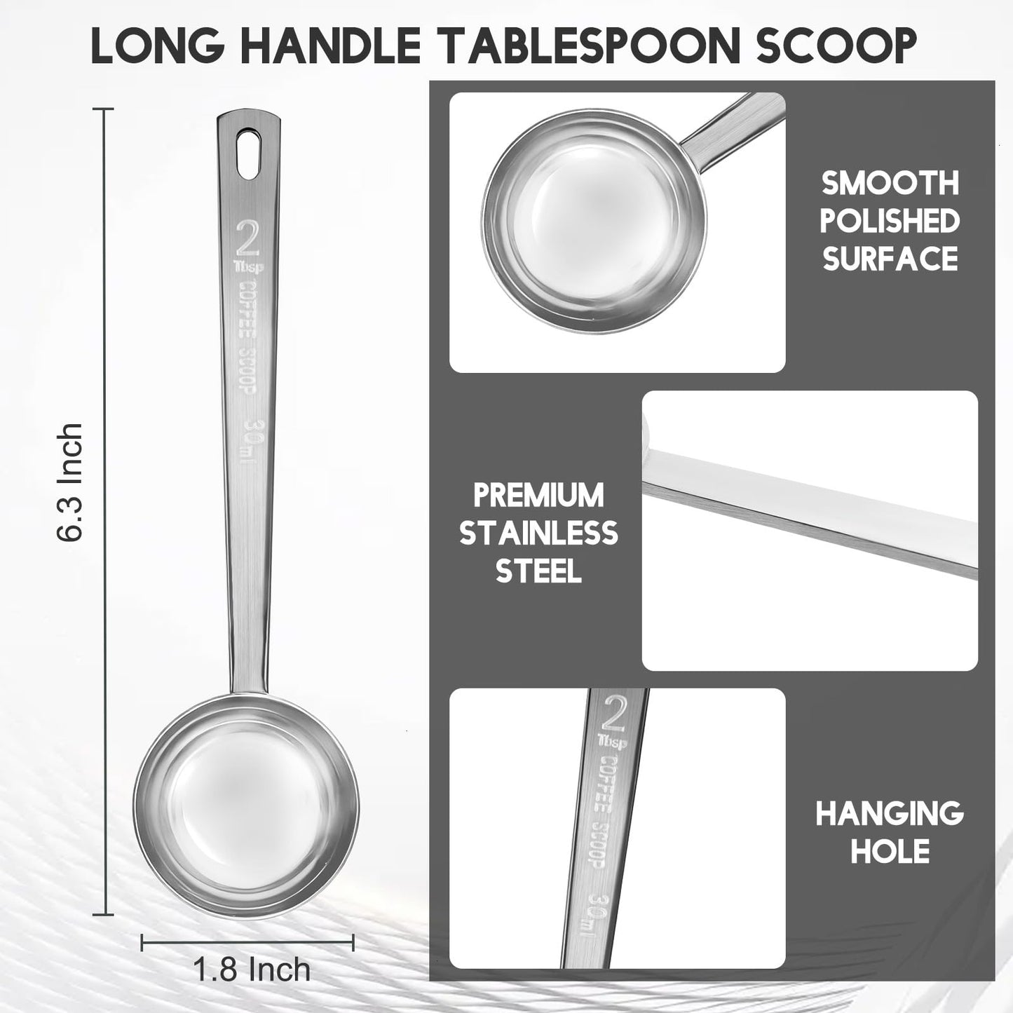 Timoo 5 Pcs Coffee Scoop 2 Tablespoon Scoop Stainless Steel Tablespoon Measuring Spoon Long Handle for Powder Ground Coffee Tea Sugar