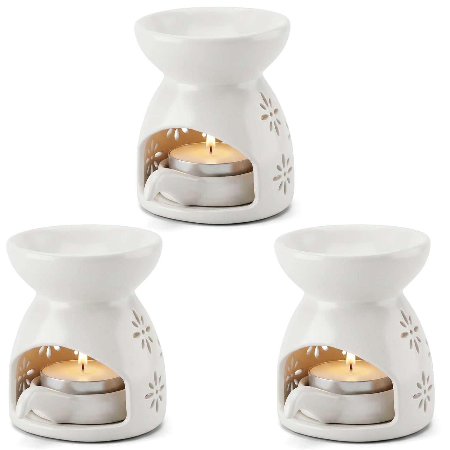 3 Pack Ceramic Tealight Candle Holder, Small Essential Oil Burner Wax Melt Warmer with Spoons, Aromatherapy Aroma Diffuser for Home Bedroom Decor, White