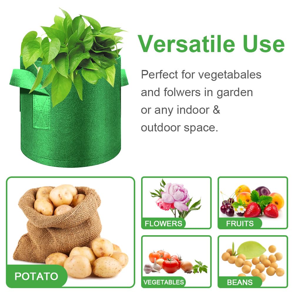 FineGearPow 5-Pack 3 Gallon Grow Bags Heavy Duty Thickened Nonwoven Fabric Pots with Handles, Plant Grow Bags for Vegetables/Flower/Plant/Fruits, Green