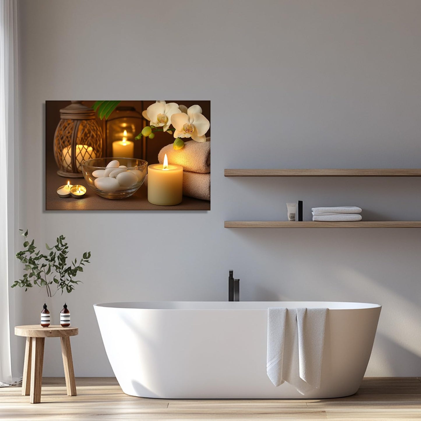 KPLUNDO Zen Canvas Wall Art - Candle with Spa Stones on Wood Table Picture Orchid Painting Prints Meditation Relax Artwork for Bathroom Yoga Spiritual Room Decor Frame(16.00x24.00 inch)