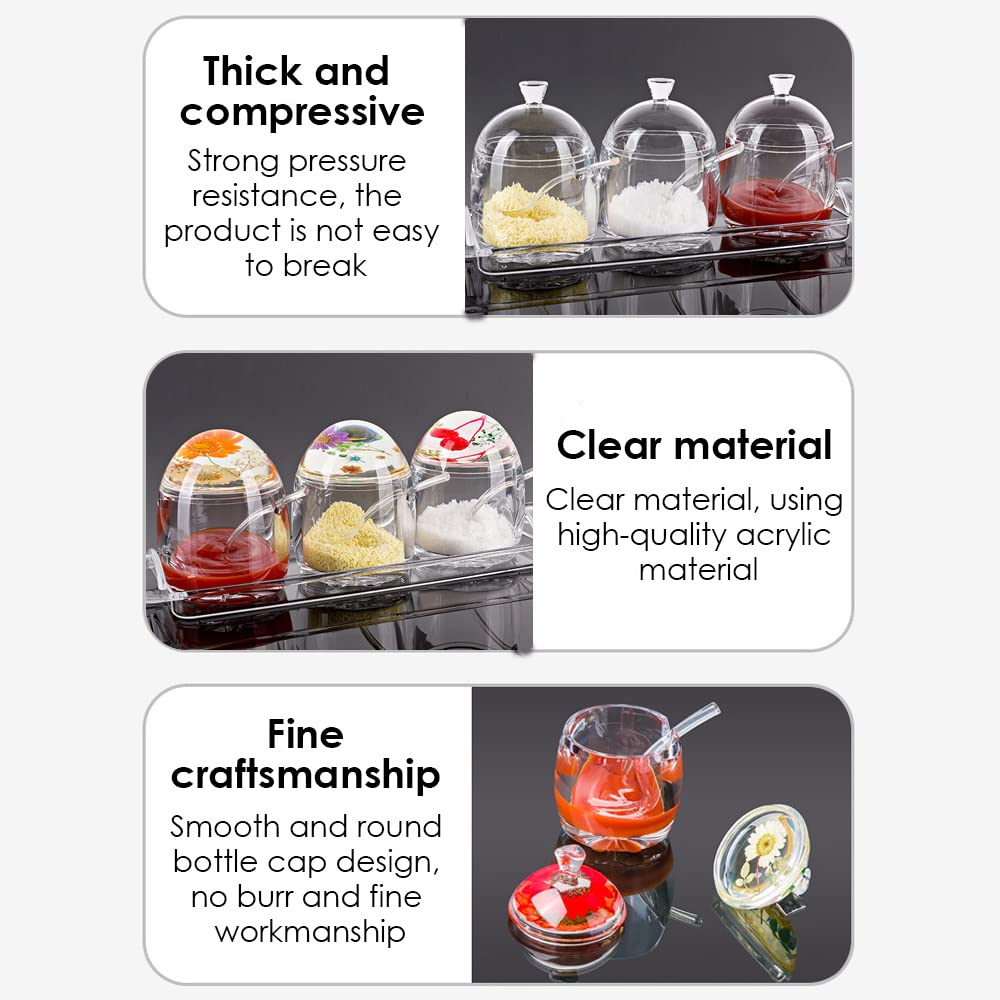 TINMIX Clear Seasoning Box - 3PCS Acrylic Condiment Pots for Salt Sugar Herbs, Spice Jar Containers with Base, Dried Flower Handle Lids and Spoons
