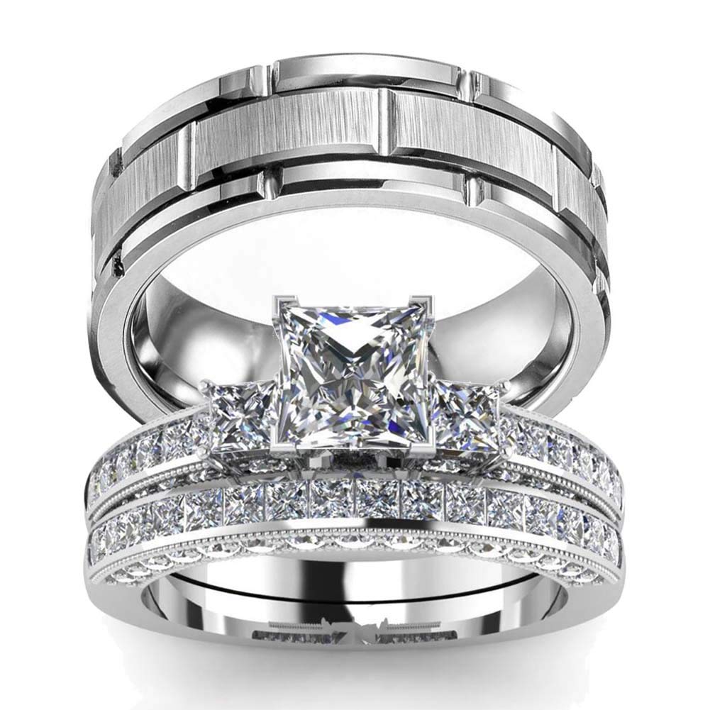 His Hers Wedding Ring Sets Couples Matching Rings Women's 10k White Gold Filled Heart CZ Wedding Engagement Ring Bridal Sets & Men's Tungsten Carbide Wedding Band