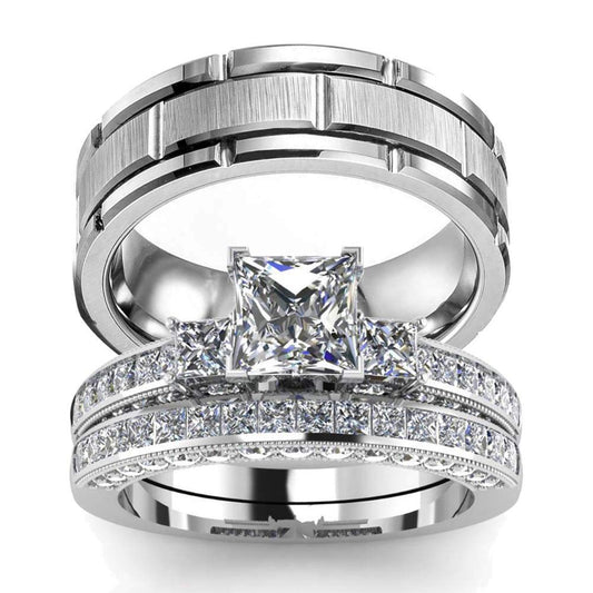 His Hers Wedding Ring Sets Couples Matching Rings Women's 10k White Gold Filled Heart CZ Wedding Engagement Ring Bridal Sets & Men's Tungsten Carbide Wedding Band