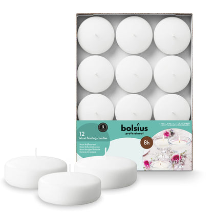 BOLSIUS White Floating Candles 3 Inch - Set Of 12 Maxi Candles - 8 Hour Clean Burning - Palm Oil Free - 0% Animal Fat - Premium European Quality