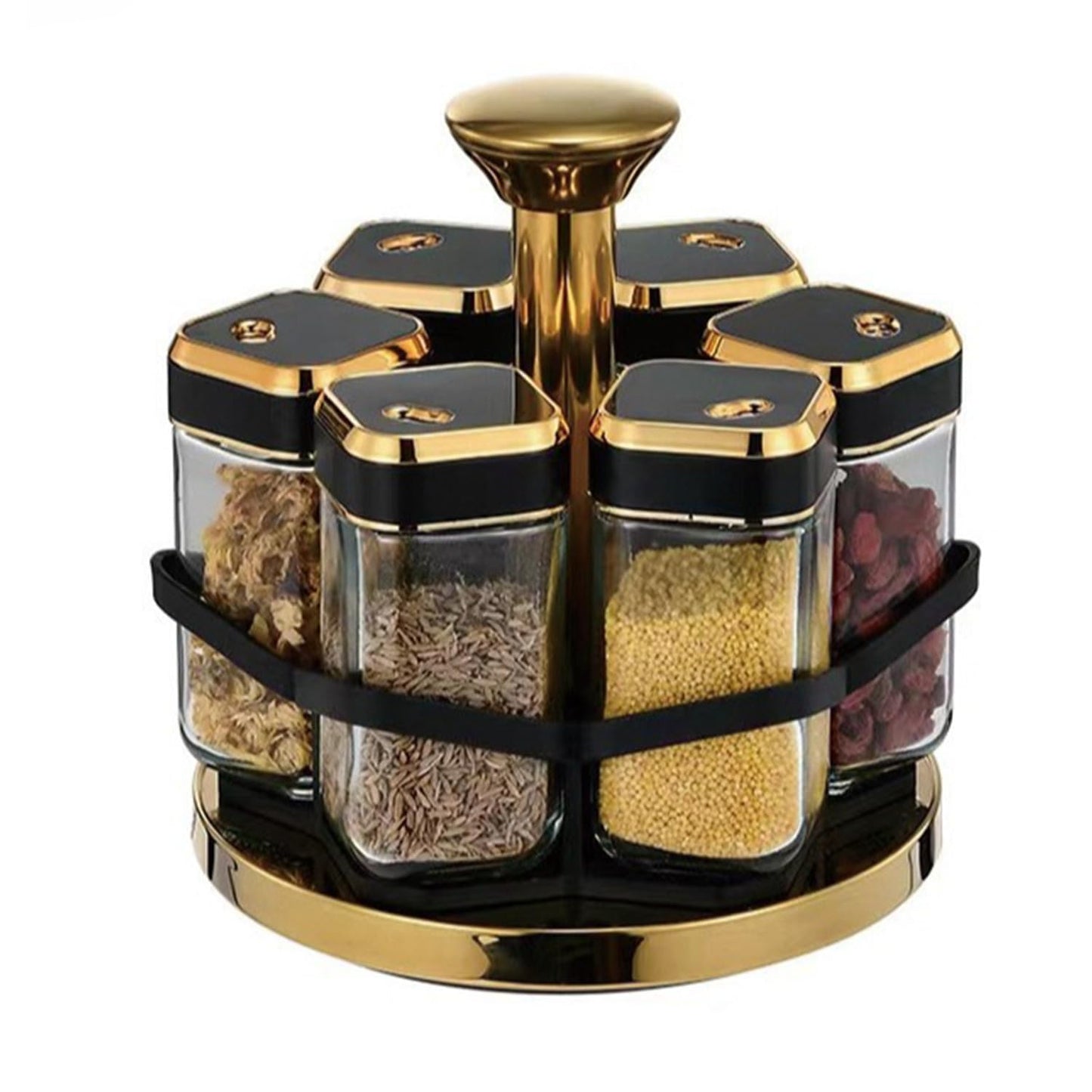 Spice Carousel 360° Rotating Lazy Susan Organizer - Multipurpose Spice Rack & Condiment Holder with 6 Salt & Pepper Jars, Revolving Durable Storage Tray for Kitchen (Black with Gold Accents)