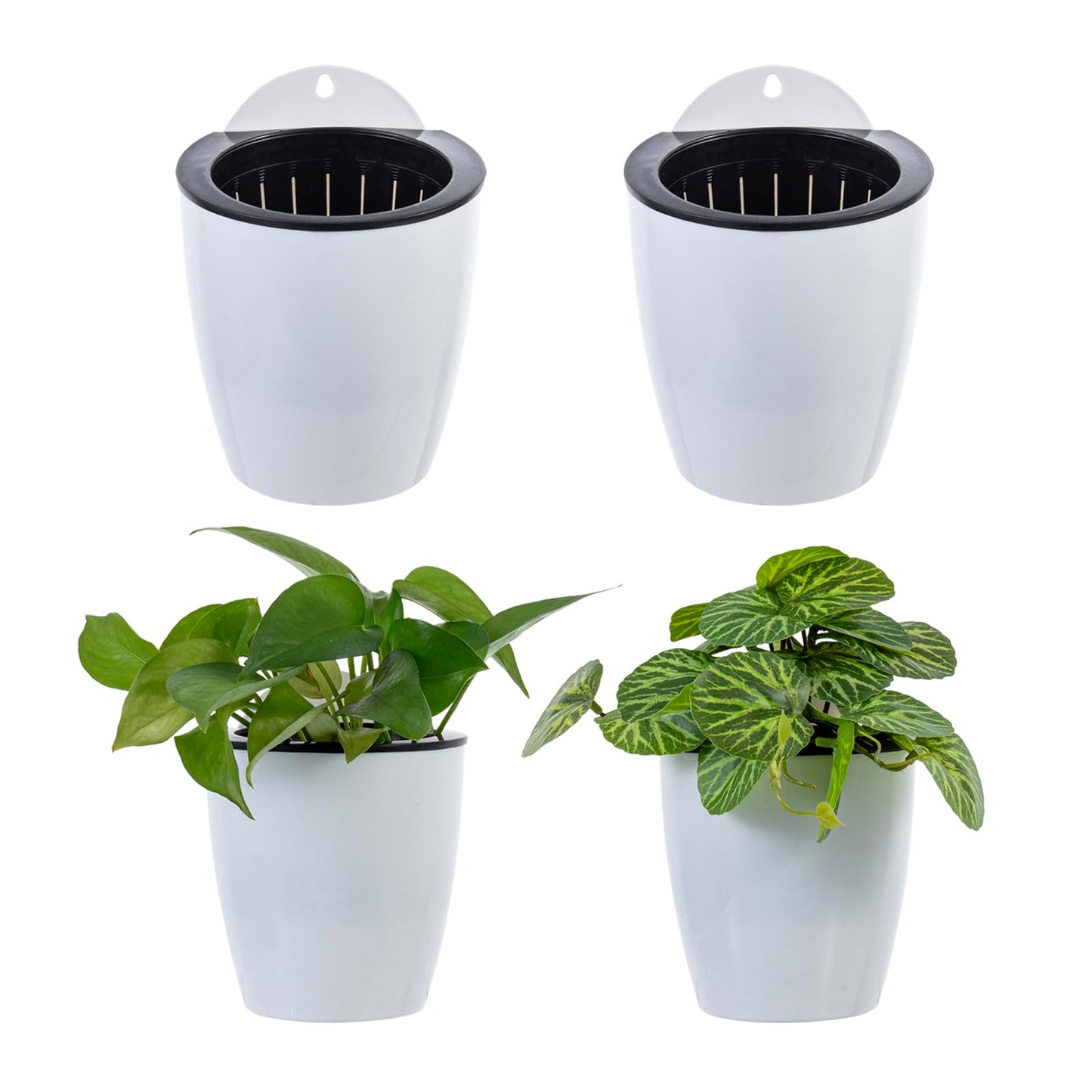 MyGift 5 Inch Wall Mounted Modern White Plastic Self Watering Planter Pots, Small Hanging Double Layer Wall Planter, Tabletop Mini Plant Container for Herb Succulent Cactus Flower, Set of 4