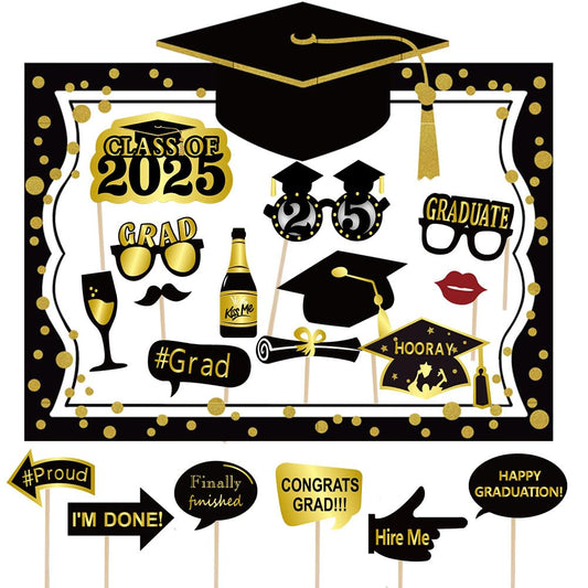 2025 Graduation Selfie Photo Booth Frame Black and Gold with 18Pcs Graduation Photo Booth Props, Upgraded Version with Support Cardboard, 2025 Grad Party Pose Sign