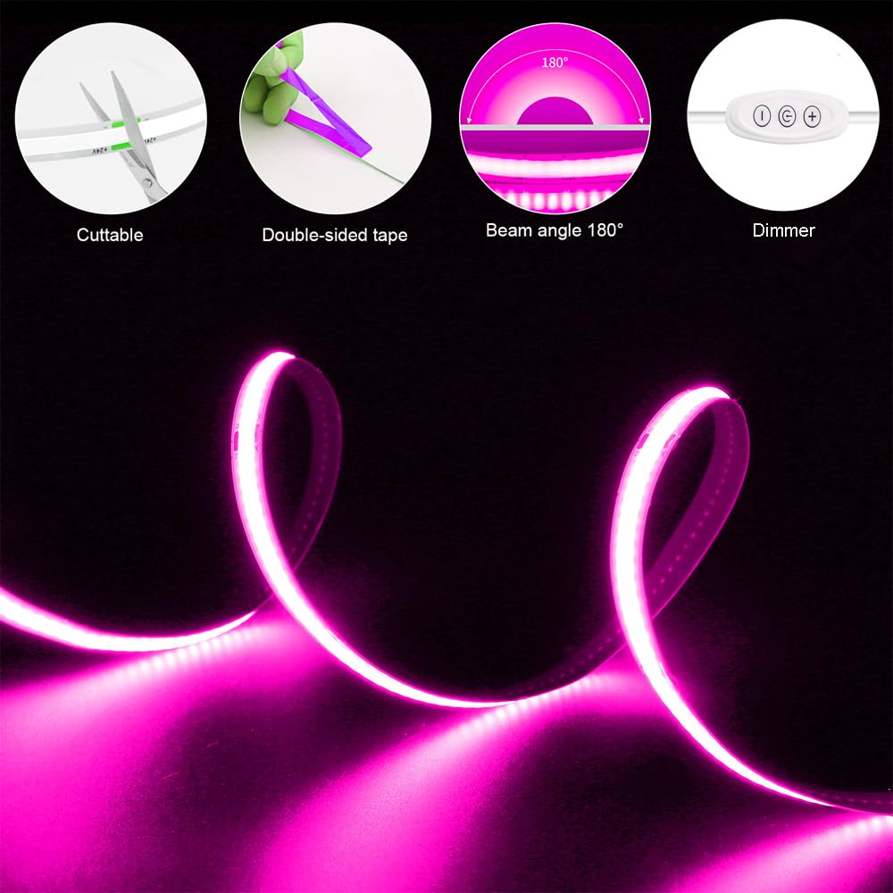 Smacen USB Powered COB Led Strip Lights, 6.56Ft Battery Operated Pink LED Strip Lights, High Brightness Flexible LED Tape Lights for Room, Cabinet, Bedroom, Kitchen, Party, Home DIY Indoor Deco