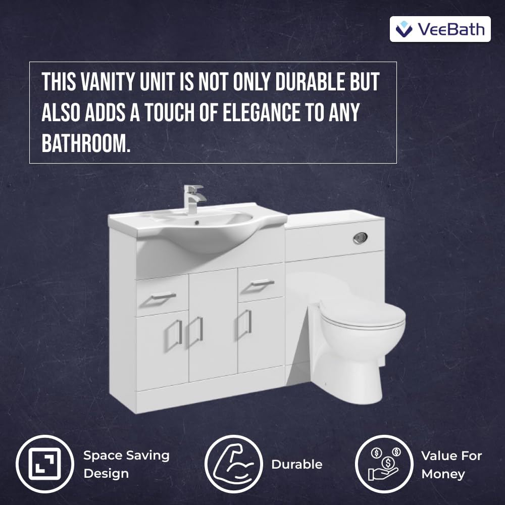 VeeBath Linx 1250 Vanity Unit Furniture Set, Wash Basin Bathroom Sink, WC, Toilet Pan, Soft Close, Quick Release Toilet Seat with Concealed Cistern-White (Flat Pack)