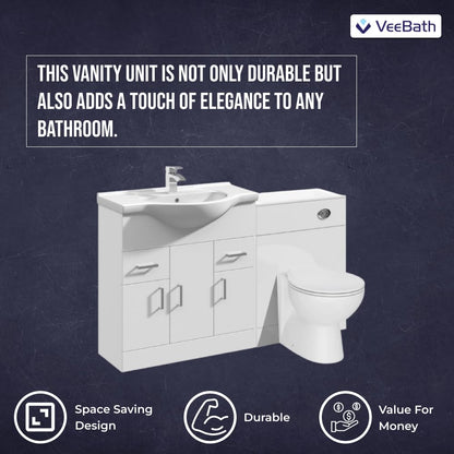 VeeBath Linx 1250 Vanity Unit Furniture Set, Wash Basin Bathroom Sink, WC, Toilet Pan, Soft Close, Quick Release Toilet Seat with Concealed Cistern-White (Flat Pack)