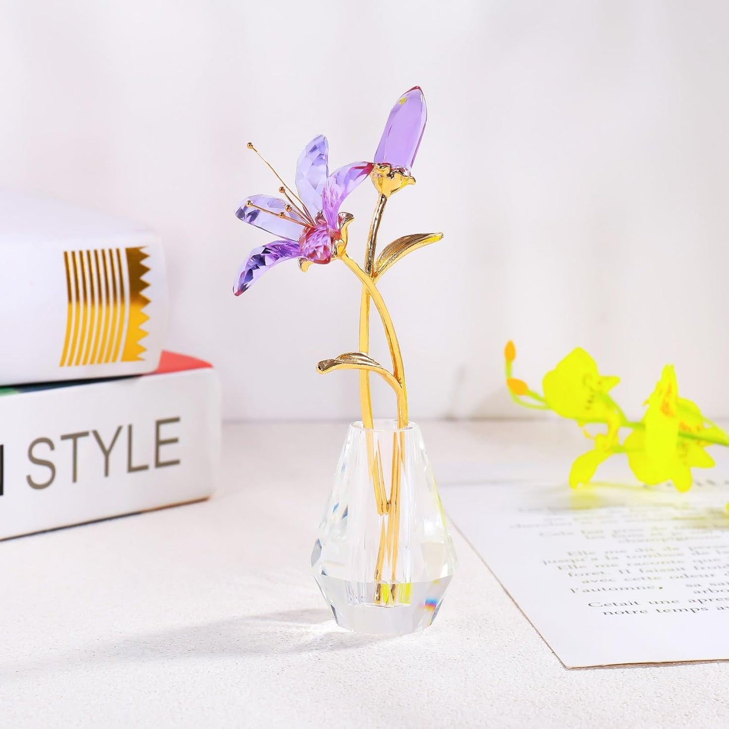 Purple Crystal Lily Flower Figurine with Stems - Handmade Collectible Statue for Decoration Mothers Day Centerpiece Valentines Day Bridal Shower Gift