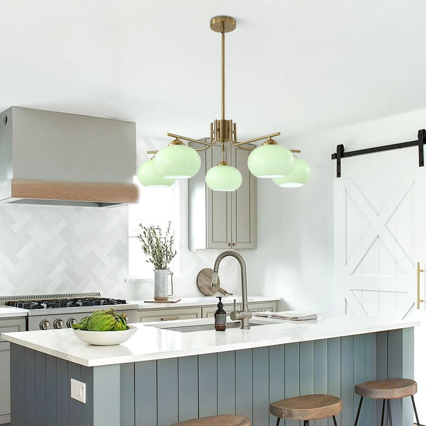 KCO Lighting Green Glass Pendant Light 5 Light Large Globe Chandelier Brushed Brass Sputnik Chandelier Mid Century Modern Chandelier Light Fixture for Dining Room Bedroom