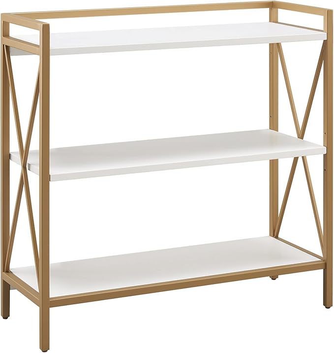 Leick Home Claudette Bookshelf, Satin Gold, 3 Shelves, Easy Assembly, 12 in D x