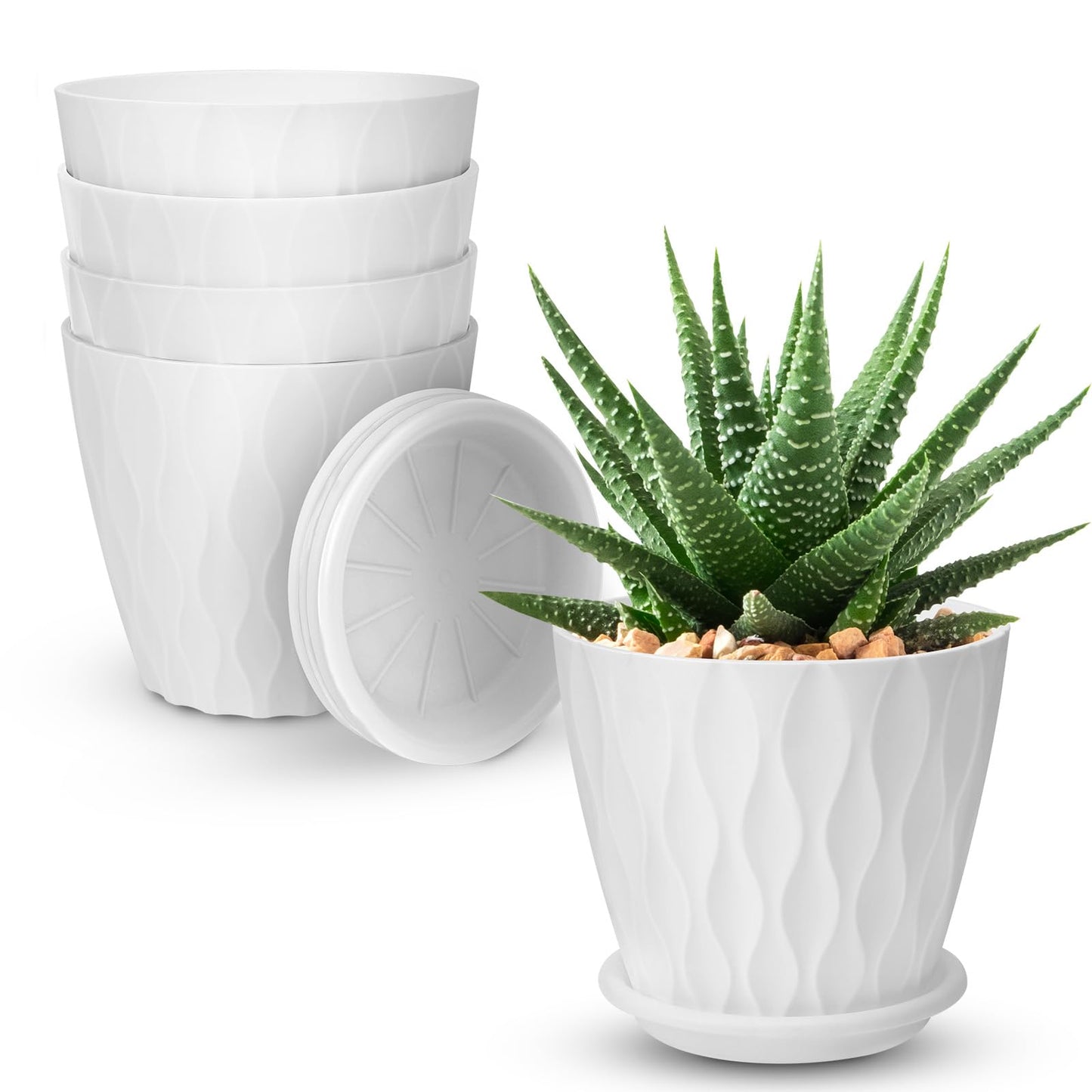 YNNICO 4 inch Plant Pots, 5 Pack Flower Pots Outdoor Indoor, Planters with Drainage Holes and Tray Saucers（White）