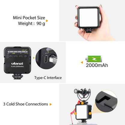 ULANZI VL49 Camera Light, Led Video Light Dimmable with 2000 mAh Battery, Portable Light Photography Rechargeable, Brightness Adjustable for Youtube,Studio,Livestreaming,DSRL,Camcorder Shooting