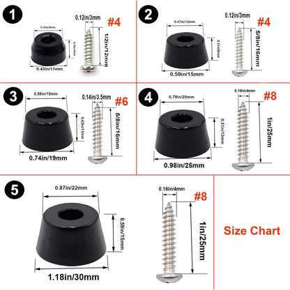 smseace 100PCS(5 Sizes) Rubber Feet for Cutting Board, Built-in Stainless Steel Washer and Screws, Non-Slip Rubber Feet for Furniture, Electronics, Tables, Sofas