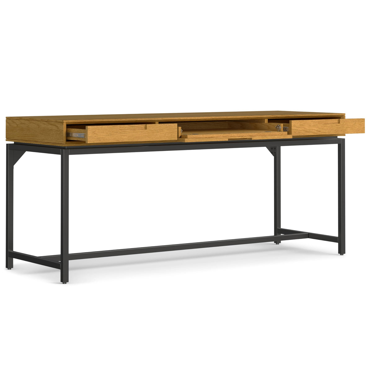 SIMPLIHOME Banting Desk - 72 Inch Wide Solid Oak Veneer and Metal Writing Desk in Oak, Modern Industrial Home Office Computer Table for Study with 2 Drawers and Flip-Down Keyboard Tray