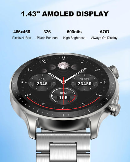 RIVERSONG Smart Watch for Men, 1.43" AMOLED Display with Bluetooth Calling, Heart Rate, Sleep, and SpO2 Monitor, 100+ Sports Modes, for iPhone/Android, Titanium Silver