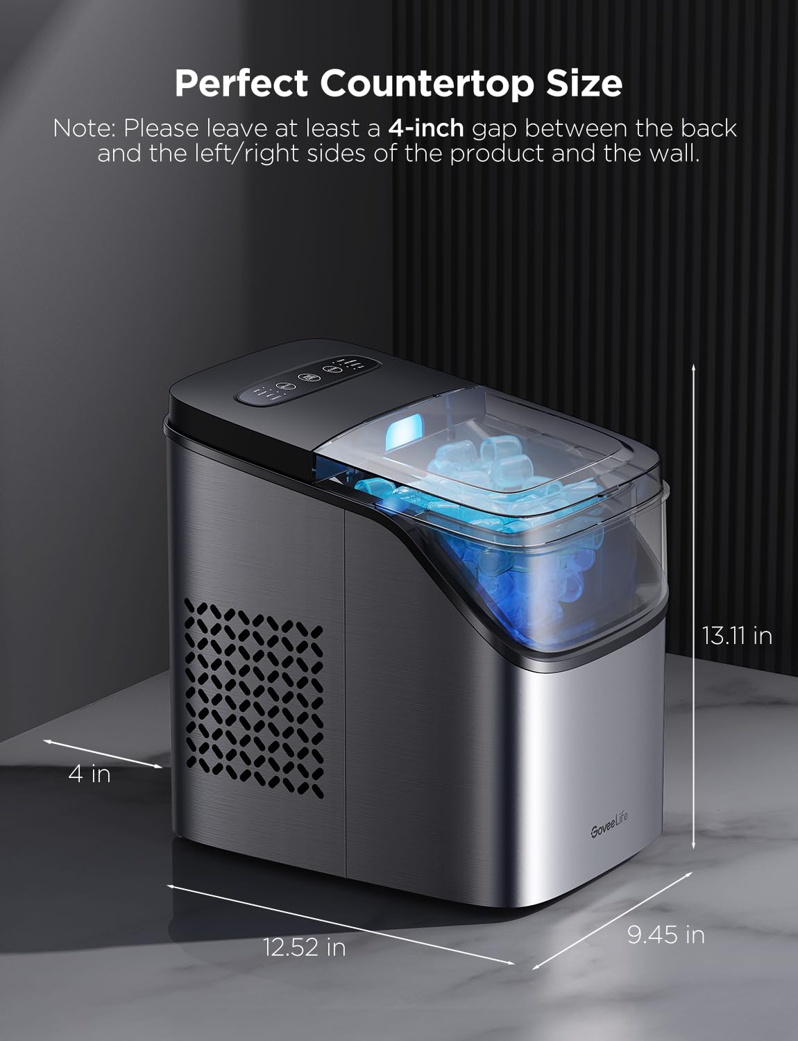 GoveeLife Smart Ice Maker Countertop, Portable Ice Machine with Voice Control, 9 Ice Cubes in 6 Minutes 3 Sizes, 26lbs/24Hrs, Self Cleaning RGB Lights, Quiet Ice Maker with Scoop for Kitchen Silver