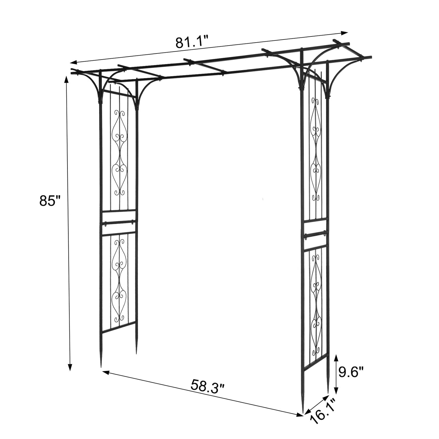 85" Metal Garden Arch Trellis for Climbing Plants, Large Flat Top Iron Arbor for Wedding Events & Backyard, Rustproof Outdoor Flower Support Rack for Roses & Vines, 6.7ft Wide, Black