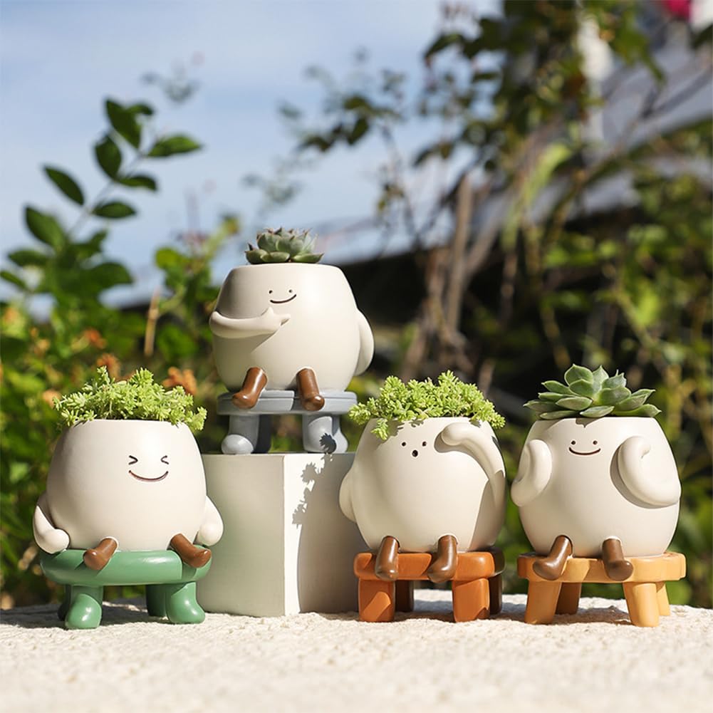 WLLYXUS Smiley Face Planter Pot, Cute Plant Pots for Indoor Outdoor,Chair Plant Pot for Succulents Plants Live with Drainage Hole (Green)