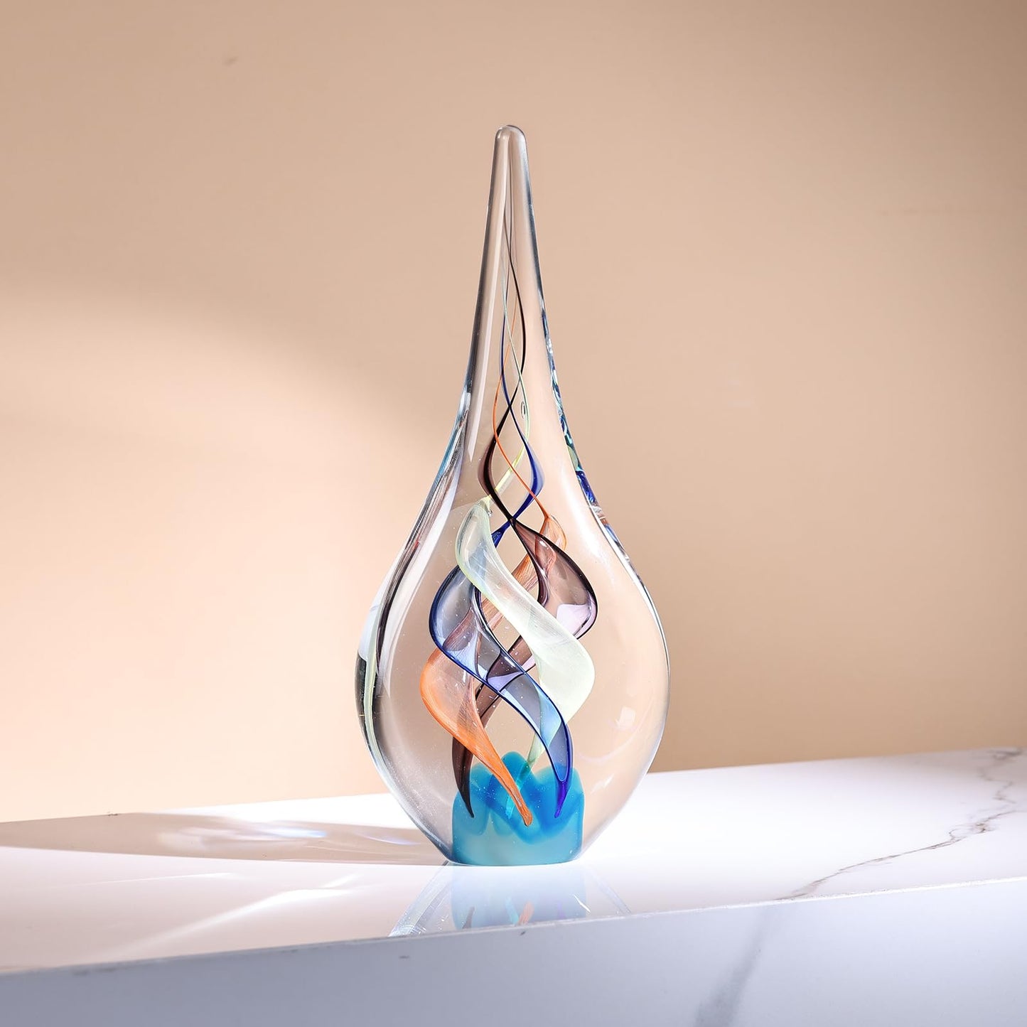 GrivSheen Hand Blown Glass Sculpture, Murano Style Decor, Clear Glass Art Collection Figurines, Teardrop Decorative Statue for Office Shelf, Unique Teardrop Sculpture Paperweight, Beach Room Decor