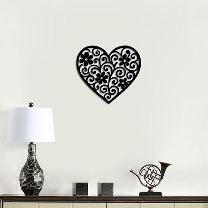 Vineland Black Metal Heart Wall Art, 11.8 Inch Modern Minimalist Sculpture, Floral Pattern Design for Living Room Bedroom Bathroom, Matte Finish Boho Home Decor