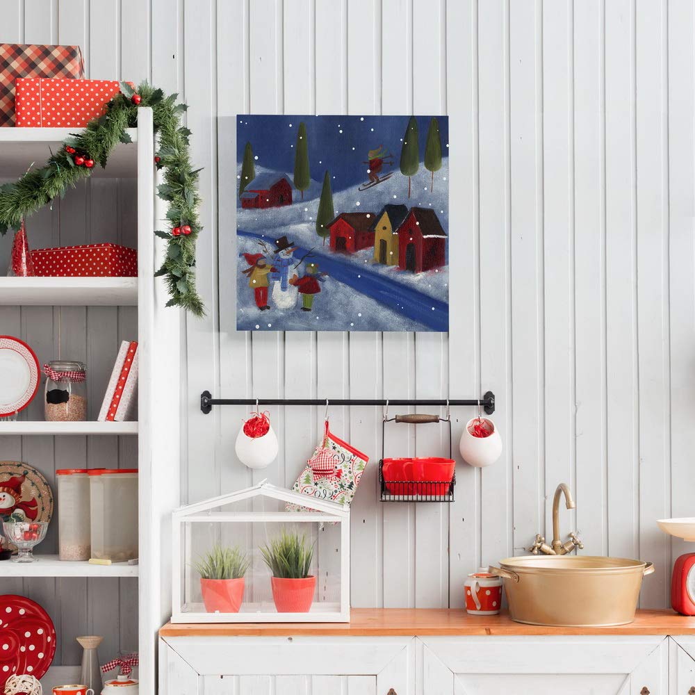 Renditions Gallery Winter Snow Scene (1) Wall Art, Cute Christmas Artwork, Skiing, Building a Snowman, Red Barn, Premium Gallery Wrapped Canvas Decor, Ready to Hang, 40 in H x 40 in W, Made in America