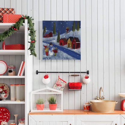 Renditions Gallery Winter Snow Scene (1) Wall Art, Cute Christmas Artwork, Skiing, Building a Snowman, Red Barn, Premium Gallery Wrapped Canvas Decor, Ready to Hang, 40 in H x 40 in W, Made in America