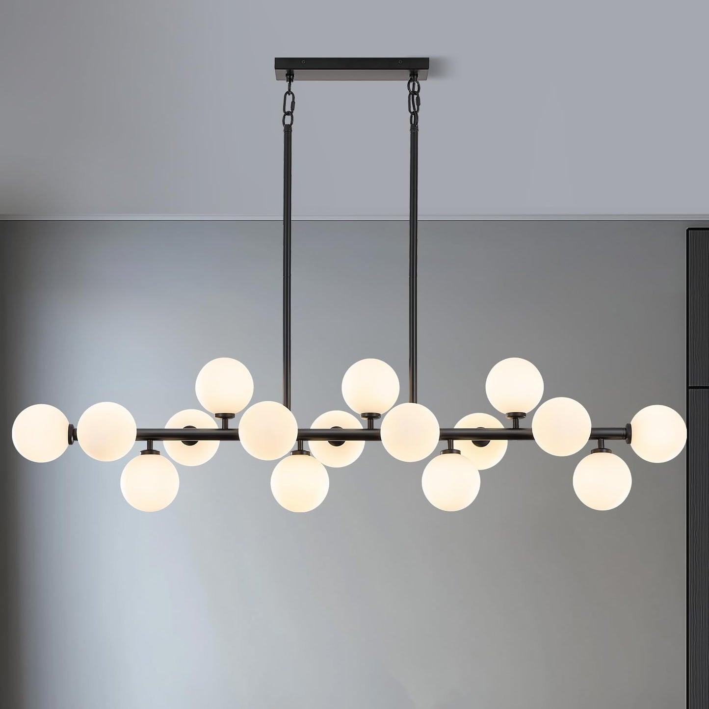 Wystco 56 Inch Black Linear Chandeliers for Dining Room, Kitchen Island, Living Room, 16-Light Mid Century Modern Light Fixture Over Table, Large Milk White Glass Globe Sputnik Bubble Chandelier