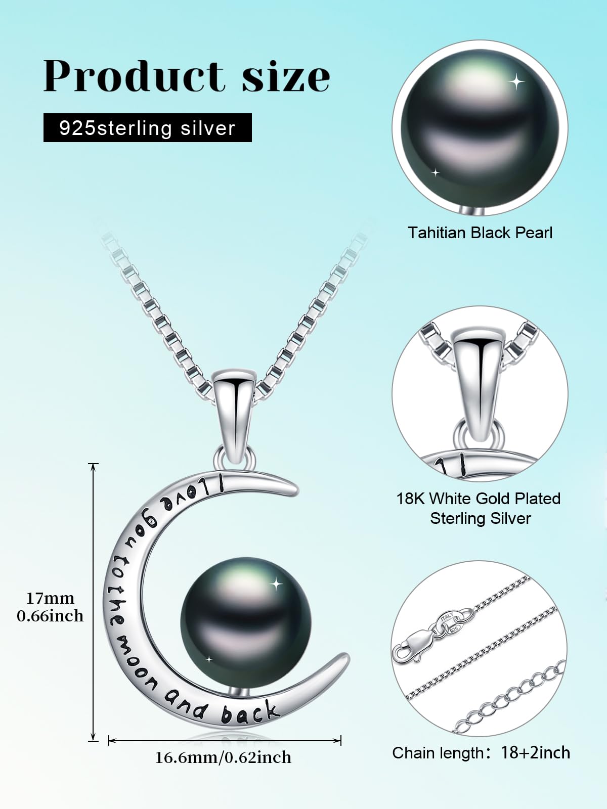 KANNSOAR Tahitian Black Pearl Necklace for Women Moon Tahitian Black Pearl 925 Sterling Silver Pearls Pendant Jewelry Gifts for Wife Mom Lover