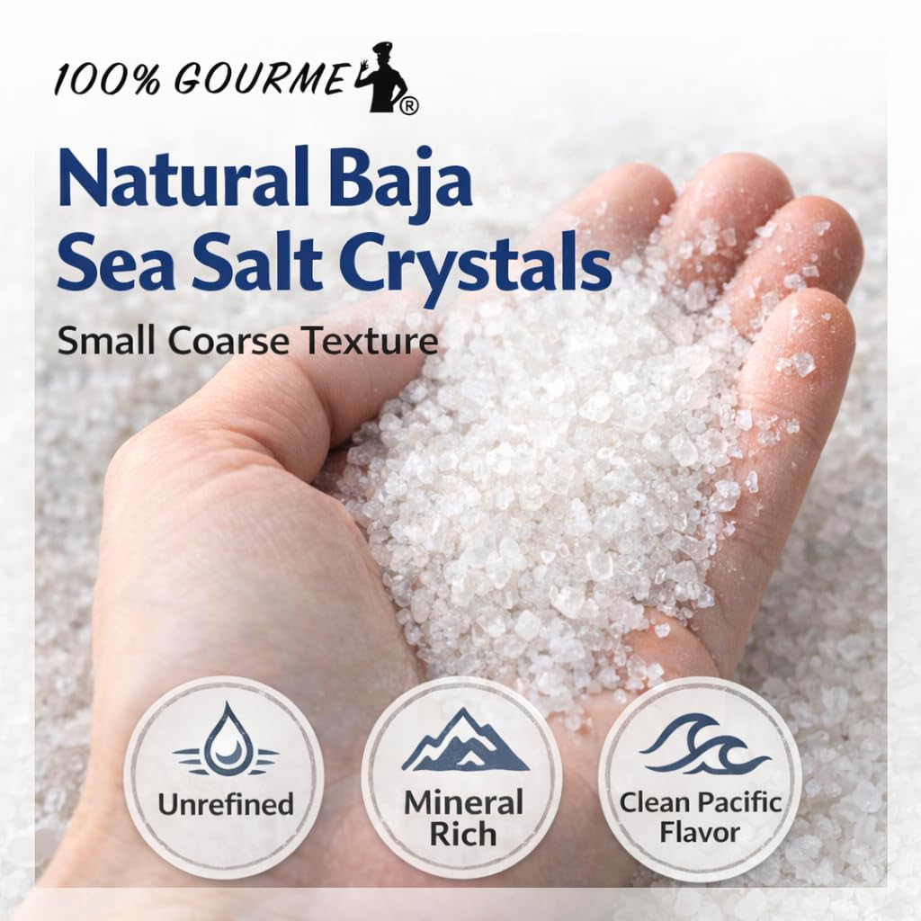 100% Gourmet Baja California Sea Salt Grinder (6 oz) – Pacific Ocean Mineral Salt – Natural & Unrefined – Coarse Sea Salt for Cooking, Seafood & Finishing – Refillable Glass Grinder