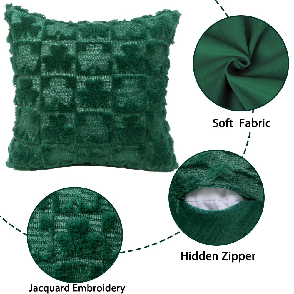 Heirloom Haven St Patrick’s Day Pillow Covers Set of 2,Green Shamrock Irish Soft Plush Faux Fur Jacquard Throw Pillows Decorations for Bedroom Sofa Holiday Festivals Home Decor 18x18 inch
