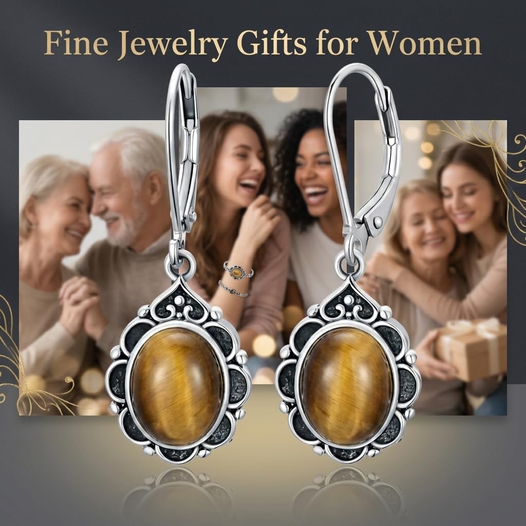 Tiger Eyes Drop Earrings for Women 925 Sterling Silver Vintage Oval 9x7mm Filigree Leverback Dangle Earrings, Gothic Victorian Antique Jewelry Gifts