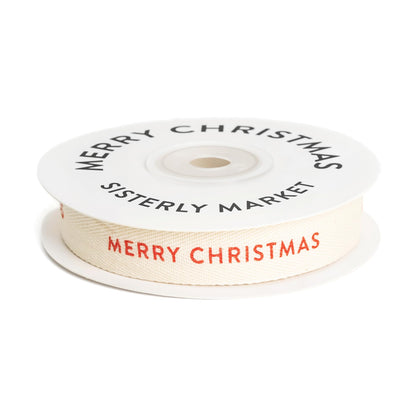 Sisterly Market - Custom Herringbone Cotton Ribbon, Natural 5/8 Inch Gift Ribbon with Merry Christmas Printed Phrase, 10 Yards