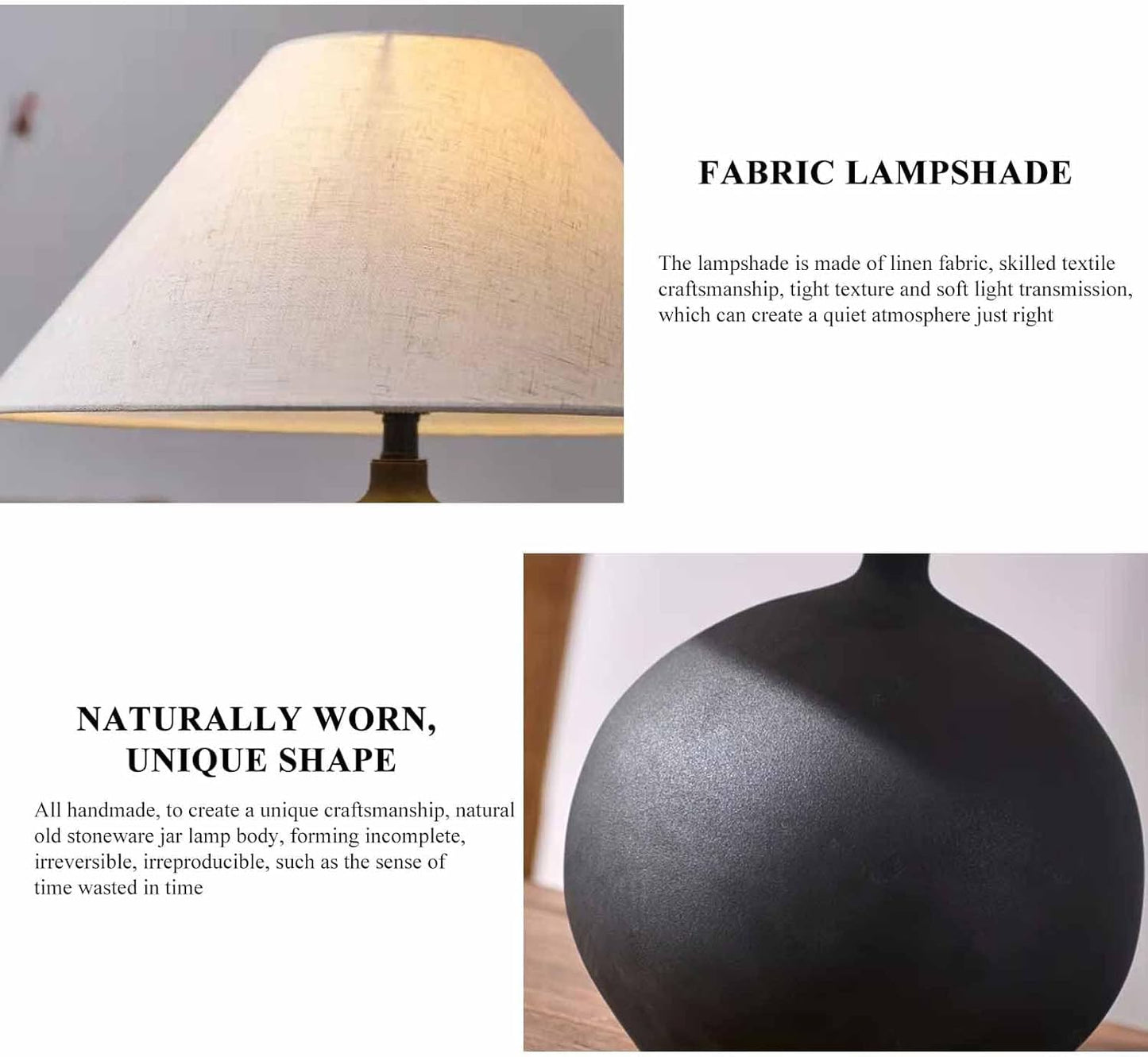 SANDYHA Rustic Round Black Ceramic Table Lamp 17.7'' Tall Farmhouse Black Crock Pot Desk Lamp Body with Tapered Fabric Shade Bedside Lamp for Living Room Bedroom House Office Entryway