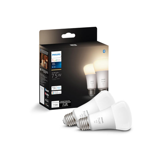 Philips Hue Smart 75W A19 LED Bulb - Soft Warm White Light - 2 Pack - 1100LM - E26 - Indoor - Control with Hue App - Works with Alexa, Google Assistant and Apple Homekit