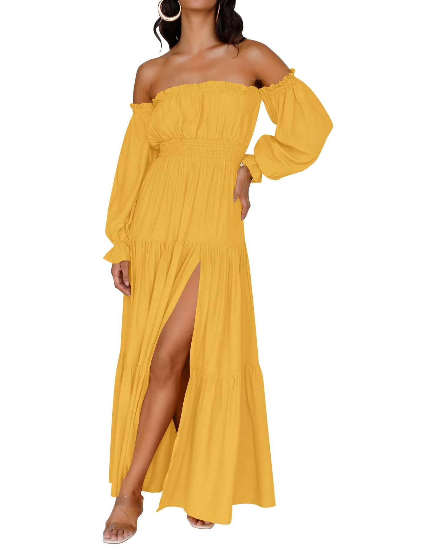 ZESICA Women's 2025 Boho Sexy Off Shoulder Long Sleeve Smocked High Waist Side Split Flowy A Line Tiered Long Maxi Dress