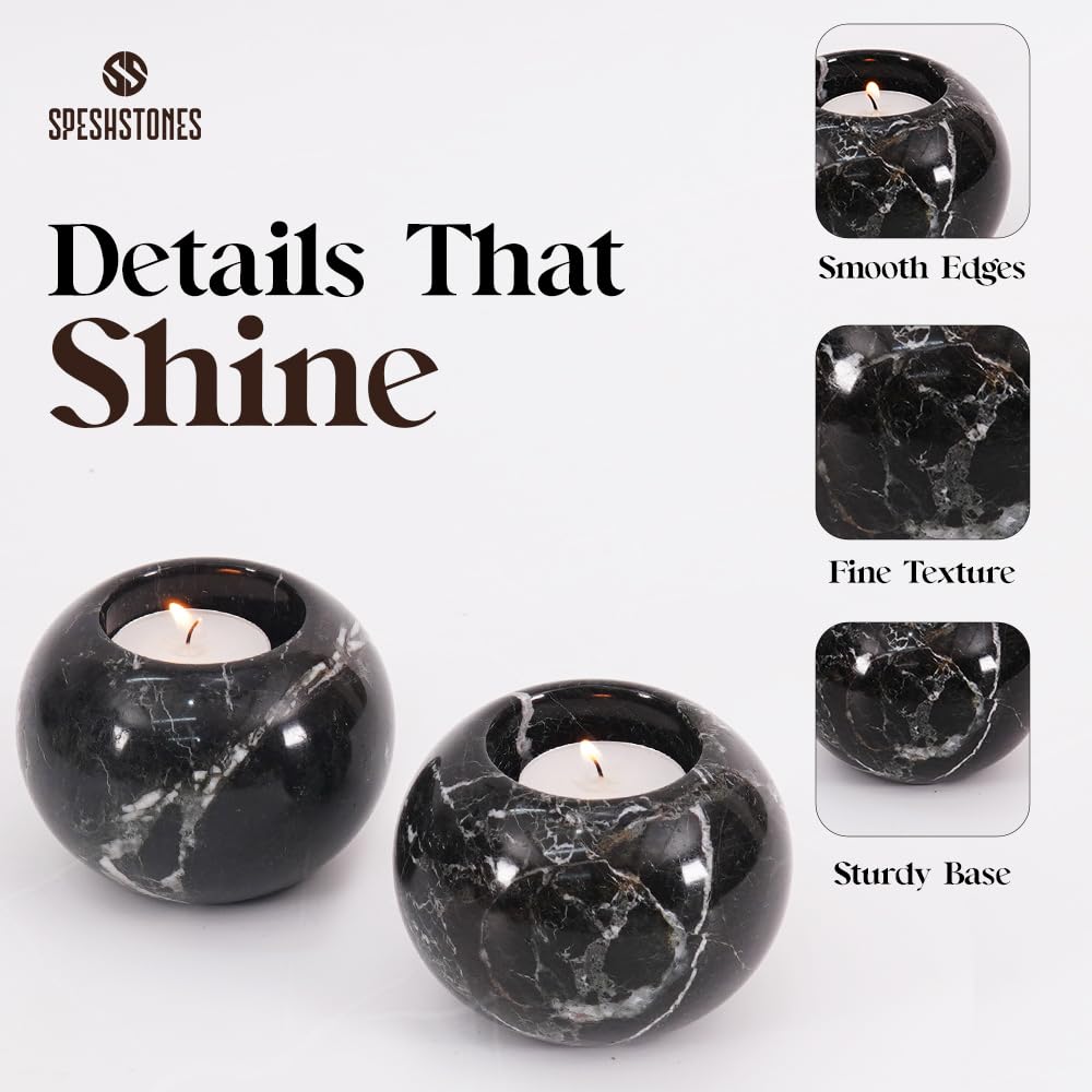 SPESHSTONES Marble Tealight Candle Holder 3.5-Inch Black Stone Votive Holder for Table Centerpieces & Earthy Aesthetic Decor, Wedding Gifts