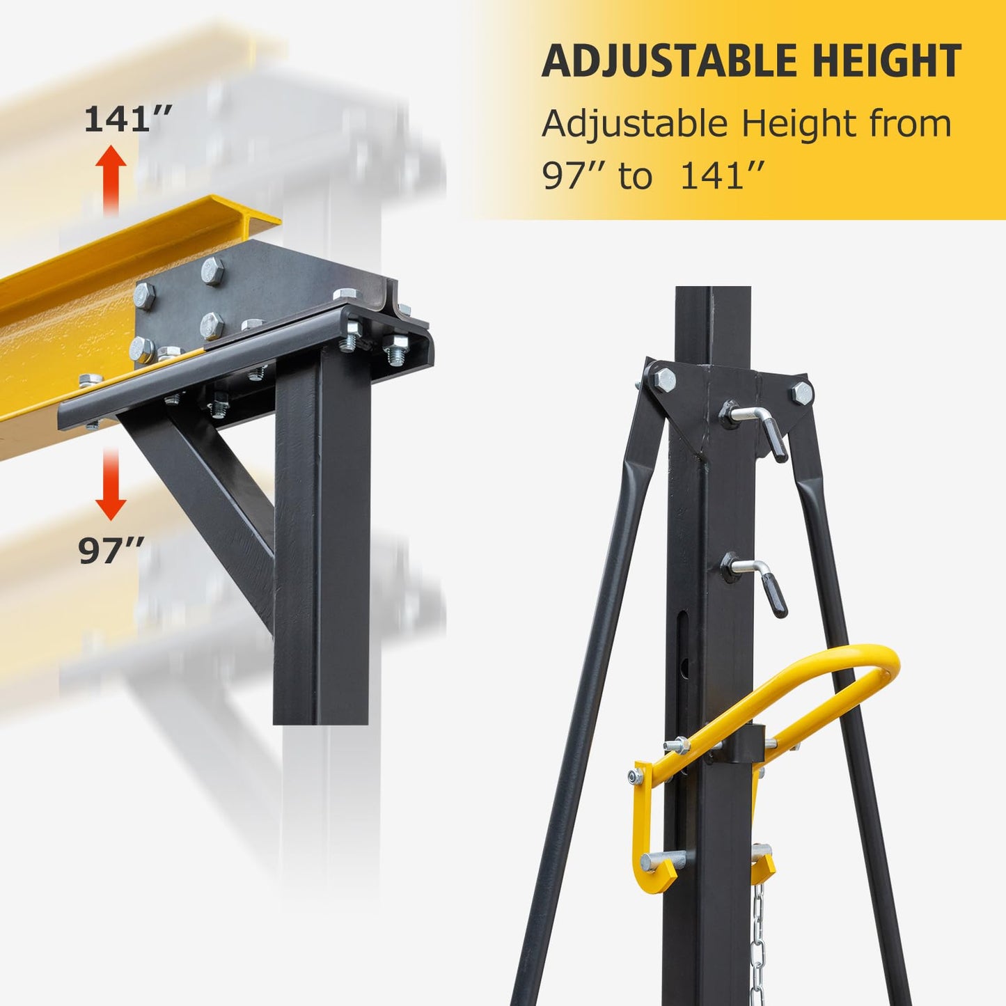 MERXENG Adjustable Gantry Crane 1 Ton, Portable Shop Lift Hoist, 97" to 141" Height Adjustable Heavy Duty Steel Gantry Crane for Factories Warehouse, 2200 Lbs Loading Capacity