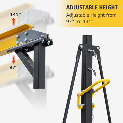 ExploreHorizon Adjustable Gantry Crane, 1 Ton Portable Lift Hoist with Height Range of 97" to 141", 2200 Lbs Load Capacity, Perfect for Factories, Construction Sites, Warehouses, and Auto Repairs