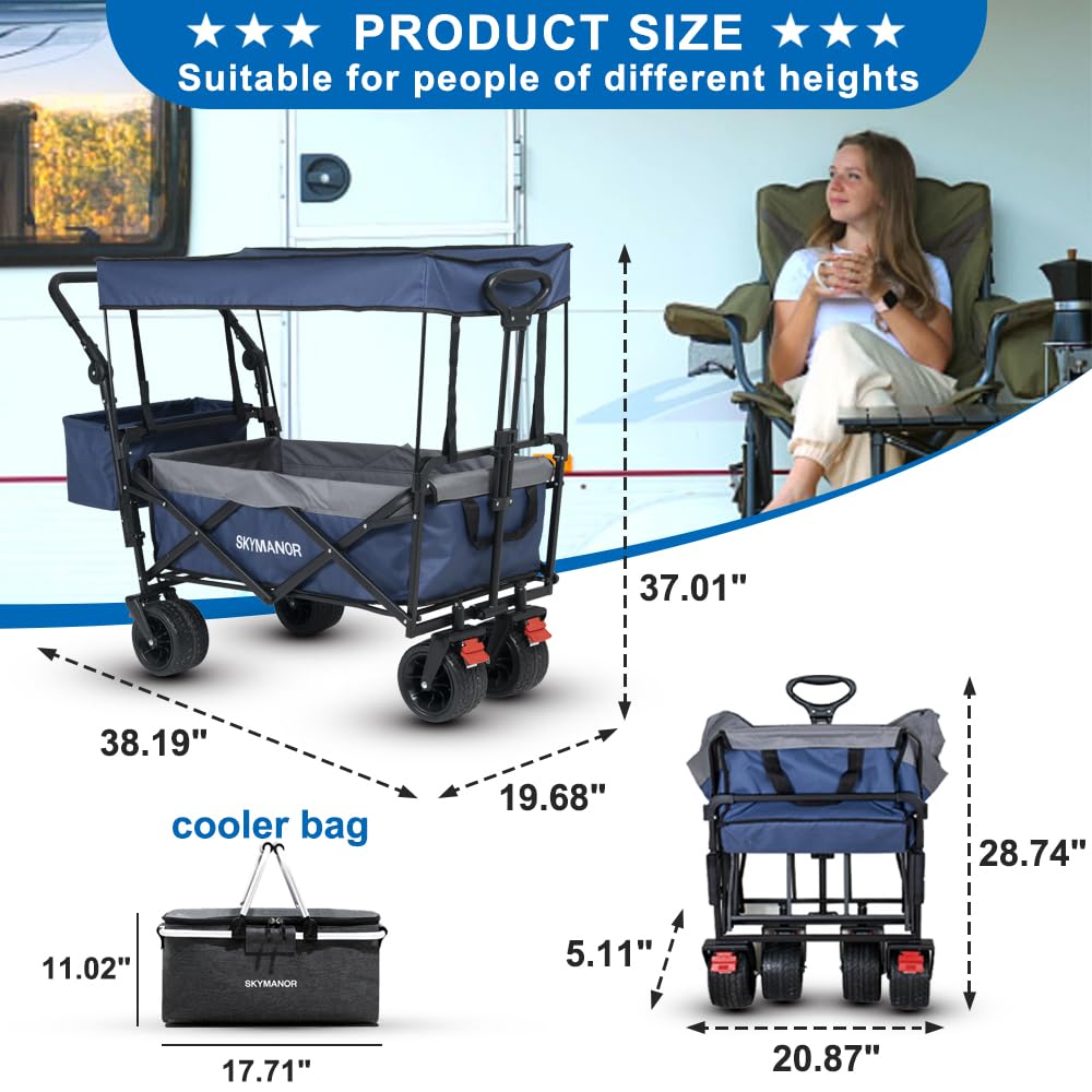 SKYMANOR Collapsible Wagon with Removable Canopy, 3-in-1 Heavy Duty Garden Cart with Big All-Terrain Wheels, Brakes, Adjustable Push Pull Handle, Cooler Bag, 300LBS Wagon Cart for Camping (Blue)