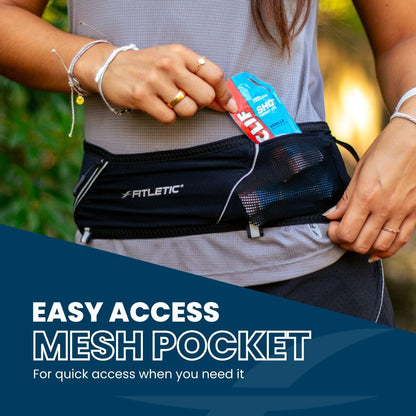 Fitletic 360 Plus Running Belt – Step-In Waist Pack – Fits iPhone 17 Pro Max & Galaxy S26 Series – Built-in Trekking Pole & Race Bib Holder – Trail, Hiking & Marathon Hydration – Black