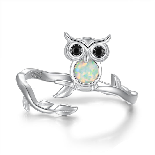 Zepmais 925 Sterling Silver Animal Ring - Adjustable Open Owl Axolotl Rings with Heart Cubic Zirconia Opal Cute Animals Jewelry Gifts for Women (Owl Ring)