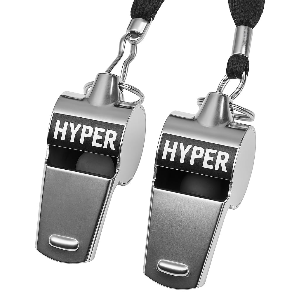 HyperSteel Stainless Steel Sports Whistles (2 Pack) with Lanyards - Super Loud - Durable - Clear Sound - Ideal for Coaching, Referee, Survival, Emergency, Dog Training, Boating, Hunting.